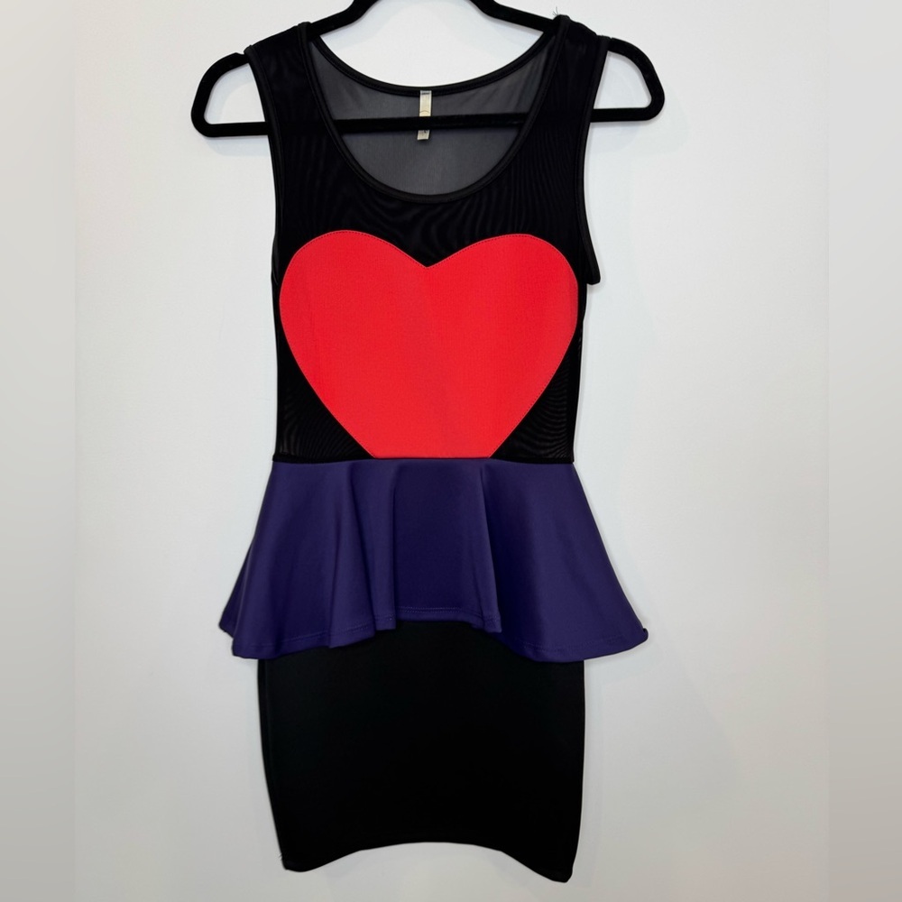 Fun retro heart Black Sheer Top peplum bottom dress by O'Linda size small